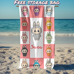 Personalized Labubu Beach Towels,Cute Cartoon Name Bath Towel,Summer Vacation Beach Towels for Kids,Custom Labubu Pool Towel Birthday Gifts