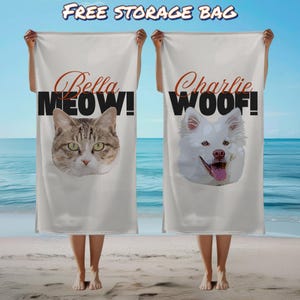 Personalized Pet Photo Beach Towel,Cute Custom Dog Name Pool Towel,Birthday Gift for Dog Lovers,Vacation Gift,Cat Face Beach Towel with Name