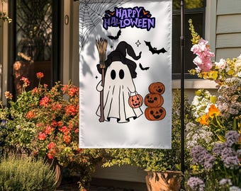 May include: White Halloween garden flag featuring a cartoon ghost wearing a witch hat and holding a broom and a jack-o'-lantern. The flag also includes bats, a spider web, and the words "Happy Halloween" in purple.