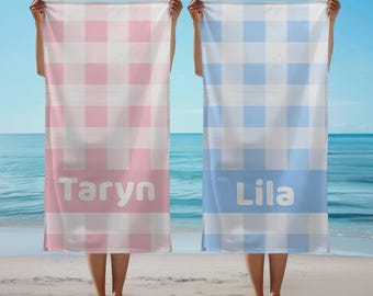 Personalized Trendy Gingham Beach Towel,Custom Name Kids Pool Towel,Summer Beach Gift for Kids,Beach Trip Gifts,Preppy Beach Towel for Teens