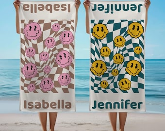 Personalized Smile Checkered Beach Towel with Name,Retro Vintage Custom Pool Towel,Trendy Checkered Bath Towel,Bachelorette Bridesmaid Towel