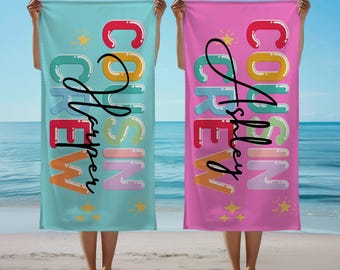 Serviette de plage avec nom personnalisé pour cousin, serviettes de piscine d'été pour cousin, cadeau de voyage assorti pour cousin, cadeau de vacances d'anniversaire pour cousin de famille