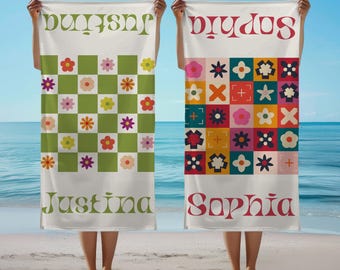 Personalized Retro Checkered Beach Towel with Name,Custom Floral Pool Towels,Groovy Vintage Name Towel,Summer Bachelorette Gifts for Girls