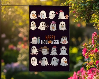 May include: A black Halloween garden flag featuring cartoon ghosts in various costumes and accessories. The flag reads "HAPPY HALLOWEEN" in orange and white. The ghosts are depicted with different items, such as a surfboard, headphones, and a cowboy hat.