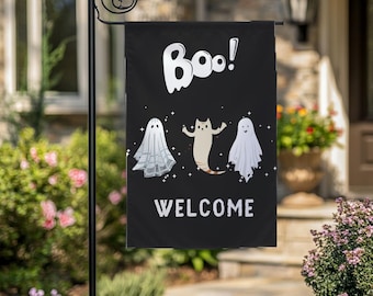 Boo Cat & Ghost Halloween Welcome Garden Flag,Spooky Season Outdoor Decor,Autumn Yard Flag,Ghost Lawn Sign,Double Sided Garden Porch Flag