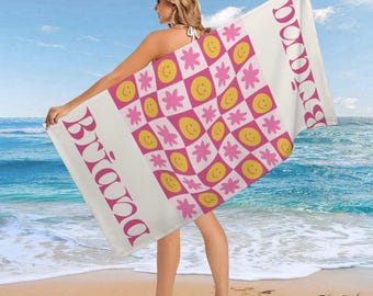Personalized Retro Checkered Beach Towel with Name,Custom Floral Pool Towels,Groovy Vintage Name Towel,Summer Bachelorette Gifts for Girls