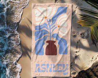 Vintage Flower Custom Beach Towel,Retro Floral Name Towel for Her,Girl Trip Essentials,Aesthetic Groovy Vibes Beach Towel,Bachelorette Towel