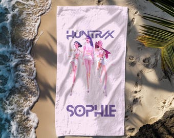 Personalisierte Kpop Huntrix Mädchen Strandtücher, süße Anime Kunst mit Namen Badetuch, Kpop Demon Hunters Strandtücher für Kinder, Anime Girl Handtücher