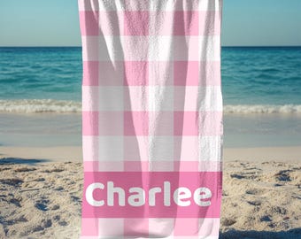 Personalized Trendy Gingham Beach Towel,Custom Name Kids Pool Towel,Summer Beach Gift for Kids,Beach Trip Gifts,Preppy Beach Towel for Teens