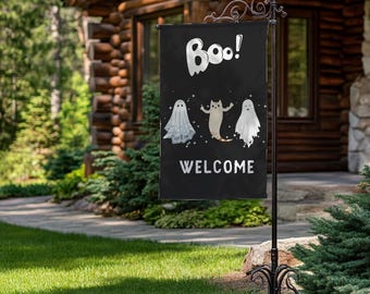 Boo Cat & Ghost Halloween Welcome Garden Flag,Spooky Season Outdoor Decor,Autumn Yard Flag,Ghost Lawn Sign,Double Sided Garden Porch Flag