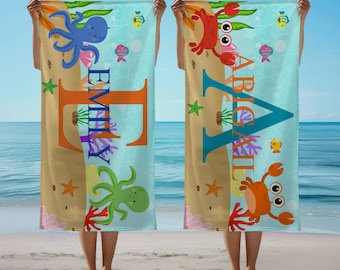Ocean Print Personalized Kids Beach Towel,Custom Name Bath Towel for Girls Boys,Cute Cartoon Baby Towel,Fun Beach Designs Teens Pool Towel