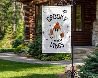 Spooky Vibes Halloween Garden Flag,Fall Season Outdoor Decor,Autumn Yard Garden Flag,Ghost Lawn Sign,Double Sided Ghost Garden Porch Flag