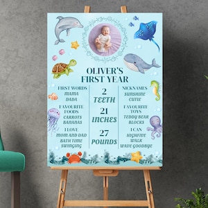 Onder de zee mijlpaalbord 1e verjaardag: bewerkbare canvassjabloon (digitale download)