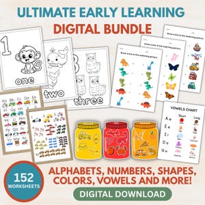 May include: Educational worksheets for early learning, featuring numbers, animals, and matching activities. Includes alphabet charts, shape recognition, and coloring pages. The bundle is labelled "ULTIMATE EARLY LEARNING DIGITAL BUNDLE" and "ALPHABETS, NUMBERS, SHAPES, COLORS, VOWELS AND MORE!"