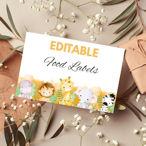 Wild One Safari Food Labels: Editable Animal Tent Cards (Canva Template)