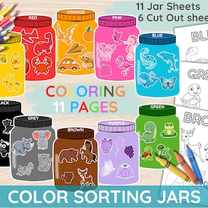 May include: A colorful educational set featuring 11 color-coded jars with matching cut-out images and coloring pages. The jars are labeled with colors like red, orange, and blue. The set includes crayons and is designed for color sorting activities.