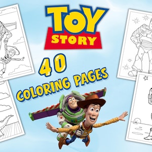 Może przedstawiać: Zestaw 40 kolorowanek z postaciami z filmu animowanego "Toy Story". Obraz zawiera ilustracje Buzza Astrala, Chudego i innych postaci, a także logo "Toy Story".