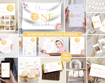 Pacchetto compleanno Sunshine: decorazioni per feste arcobaleno rosa, modello Canva modificabile (download digitale)