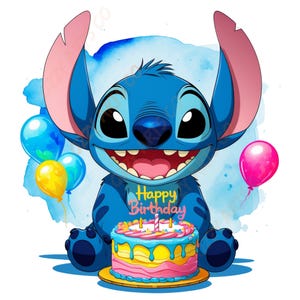Stitch Geburtstag PNG, bereit zum Drucken, Sofort-Download, Transparenter Hintergrund, Trending Digital Png, alles Gute zum Geburtstag, Party Dekor, Kinder Kunst