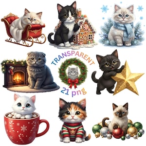 May include: A collection of nine cartoon cat illustrations in a Christmas theme. Cats are depicted with festive elements like a sleigh, gingerbread house, star, and ornaments. The color palette includes white, black, gray, red, and gold.