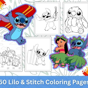 Dibujos para colorear de Lilo y Stitch, 50 dibujos para colorear para niños, Aventuras de Stitch y Lilo, Actividad de atención plena para niños, Imprimible digital