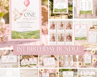 One Silly Goose Girl First Birthday Bundle | Daisy Goose | Vintage Goose Party | Canva Template
