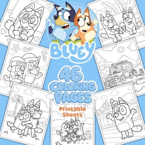 Peut inclure: Un ensemble de 46 pages à colorier Bluey imprimables. Les pages présentent diverses scènes et personnages de la série animée, avec le logo Bluey et du texte sur un fond bleu clair. Les feuilles sont conçues pour être coloriées par les enfants.