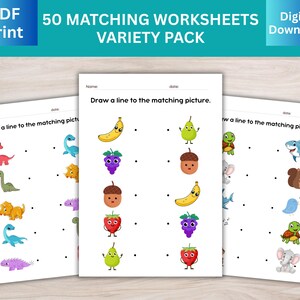Può includere: Tre fogli di lavoro con esercizi di abbinamento per bambini. I fogli di lavoro presentano illustrazioni colorate di frutta, animali e dinosauri. Il testo "50 MATCHING WORKSHEETS VARIETY PACK" è in alto, con "PDF Print" e "Digital Download" a sinistra e a destra.
