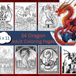 34 Dragon Coloring Pages PDF, Fantasy Coloring, Inspiring Adult coloring, Medieval Dragon Coloring, Relaxing Coloring for Adults & Kids.