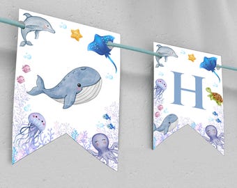Unter dem Meer 1st Birthday Banner: Bearbeitbares Ocean Party Decor (Canva Template - Digital Download