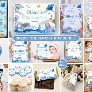 Under the Sea 1st Birthday Invitation Bundle, Ocean Animals party kit, Editable Canva Templates (Digital Download)