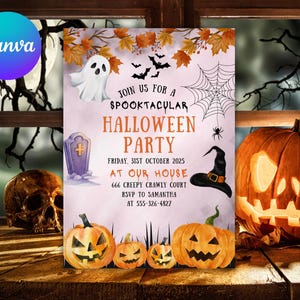 Bewerkbare uitnodiging voor Halloween-feest, thema griezelige pompoen voor kinderen, gratis bedankkaartje, telefoonversie inbegrepen, direct downloaden, canva-sjabloon