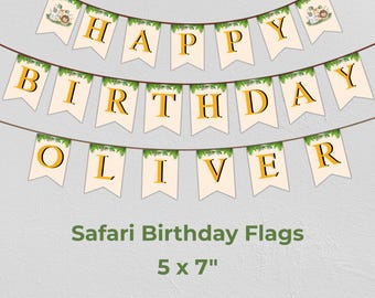 May include: Safari-themed birthday banner with the words "HAPPY BIRTHDAY OLIVER" in yellow letters on cream-colored flags. Each flag is 5 x 7 inches and is strung on a brown string. The banner is decorated with green leaves and safari animal illustrations.