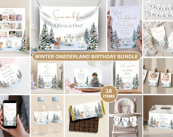 May include: A collection of winter-themed birthday party supplies. Includes invitations, banners, water bottle labels, and a photo display. The designs feature woodland animals, pine trees, and the text "Olivia is One!"