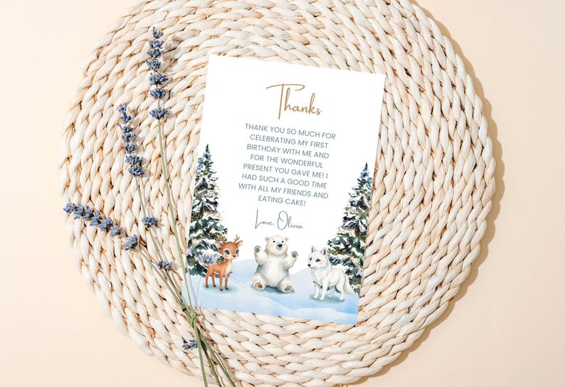 Winter Onederland 1st Birthday Thank You Card: Editable Canva Template ...
