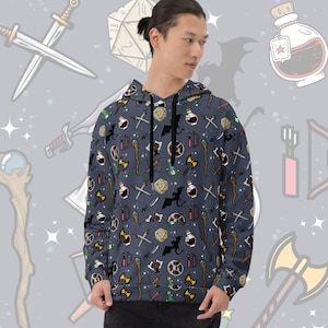 May include: A dark blue hoodie with a repeating pattern of fantasy role-playing game icons, including swords, dice, potions, and dragons.