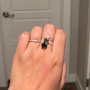 Moldavite, Black Tourmaline, Herkimer Diamond Ring With Certified Czech Republic Natural Gemstone 925 Solid Sterling Silver Handmade Jewelry
