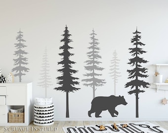 Wall Decal Kids Nursery Pine Tree Wall Decals With Large Bear Wall Decal Wall Mural Stickers Nursery Tree Art Nature Wall Decals Kids