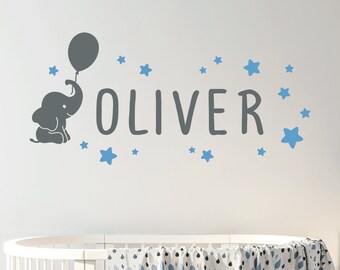 Name Wall Decal Kids Nursery Elephant - Wall Decals Nursery - Personalized Name Wall Decal with Elephant and Stars - Kids Wall Decals