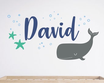 Name Wall Decal Kids Nursery Whale - Wall Decals Nursery - Personalized Name Wall Decal with Whale and Starfish. Kids Wall Decals.