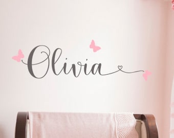 Wall Decal Kids Nursery Name Custom Wall Decal Personalized Wall Decal Quote Wall Decals For Girls or Boys Olivia Heart Butterflies