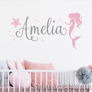 Name Wall Stickers Nursery Kids Wall Stickers Mermaid - Personalized Name Wall Sticker with Mermaid and Starfish. Kids Wall Stickers.