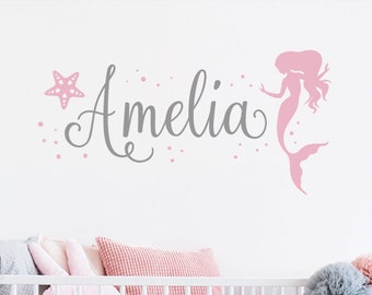 Name Wall Decal Kids Nursery Mermaid - Wall Decals Nursery - Personalized Name Wall Decal with Mermaid and Starfish. Kids Wall Decals.