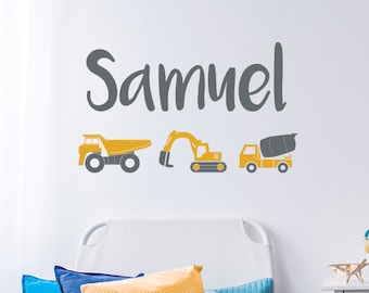 Construction Trucks Wall Decal - Personalized Name Wall Decal with Construction Trucks. Kids Wall Decals.