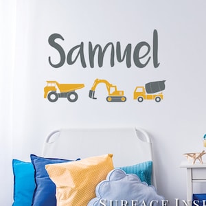 Construction Trucks Wall Decal - Personalized Name Wall Decal with Construction Trucks. Kids Wall Decals.