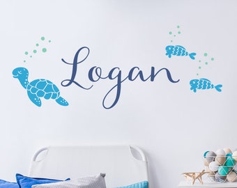 Turtle with Name Wall Decal - Under the Sea Personalized Name Wall Decal with Turtle and Fish. Kids Wall Decals.