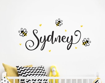 Bumble Bees with Name and Hearts Wall Decal - Personalized Name Wall Decal with Bees and Hearts. Kids Wall Decals.