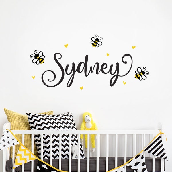 Bumble Bees with Name and Hearts Wall Decal - Personalized Name Wall Decal with Bees and Hearts. Kids Wall Decals.