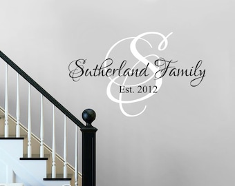 Może przedstawiać: Biała naklejka ścienna z winylu z ozdobnym pismem odręcznym, na którym widnieje napis "Sutherland Family Est. 2012". Naklejka znajduje się na szarej ścianie z białymi schodami w tle.