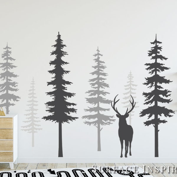 Wall Decals Nursery Trees Pine Tree Wall Decals With Large Deer Wall Decal Wall Mural Stickers Nursery Tree Art Nature Wall Decals